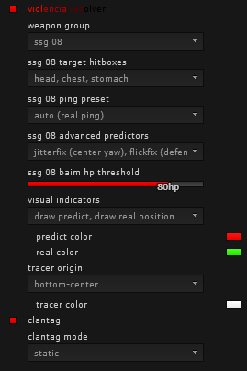 Меню violencia resolver в gamesense: weapon group ssg 08, target hitboxes head chest stomach, ping preset auto real ping, advanced predictors jitterfix и flickfix, baim hp threshold 80hp, visual indicators, tracer origin bottom-center и clantag static